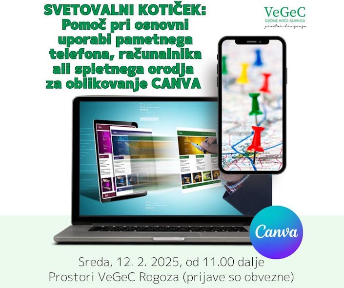 Svetovalni kotiček - pomoč pri osnovni uporabi pametnega telefona, računalnika ali spletnega orodja za oblikovanje Canva